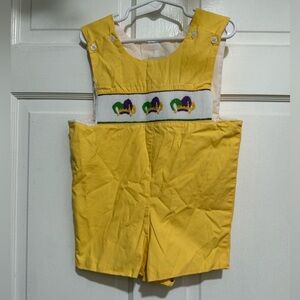 3T Smocked Mardi Gras Jon Jon Shortalls Jester Hat Yellow Louisiana One Piece